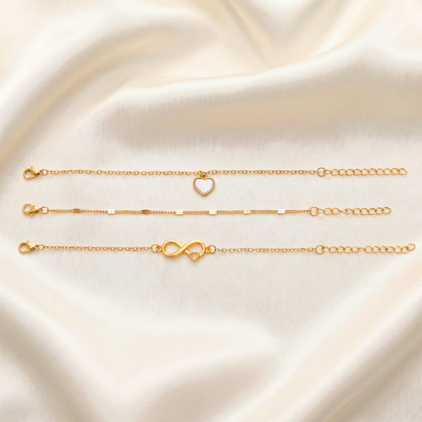 PAJURI 3 Bracelet Anti-Tarnish Chain Set With Infinity And Heart Charms (Adjustable Size)