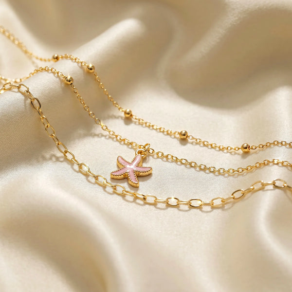 PAJURI 3 Anklet Anti-Tarnish Triple-Layered Set With Pink Starfish Charm (Color May Vary)