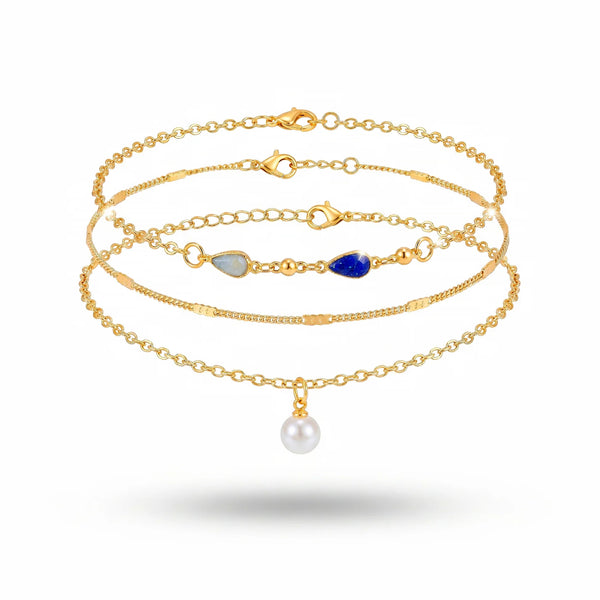 PAJURI 3 Anklet Anti-Tarnish Three-Layered With Pearl And Enamel Charms (Color May Vary)