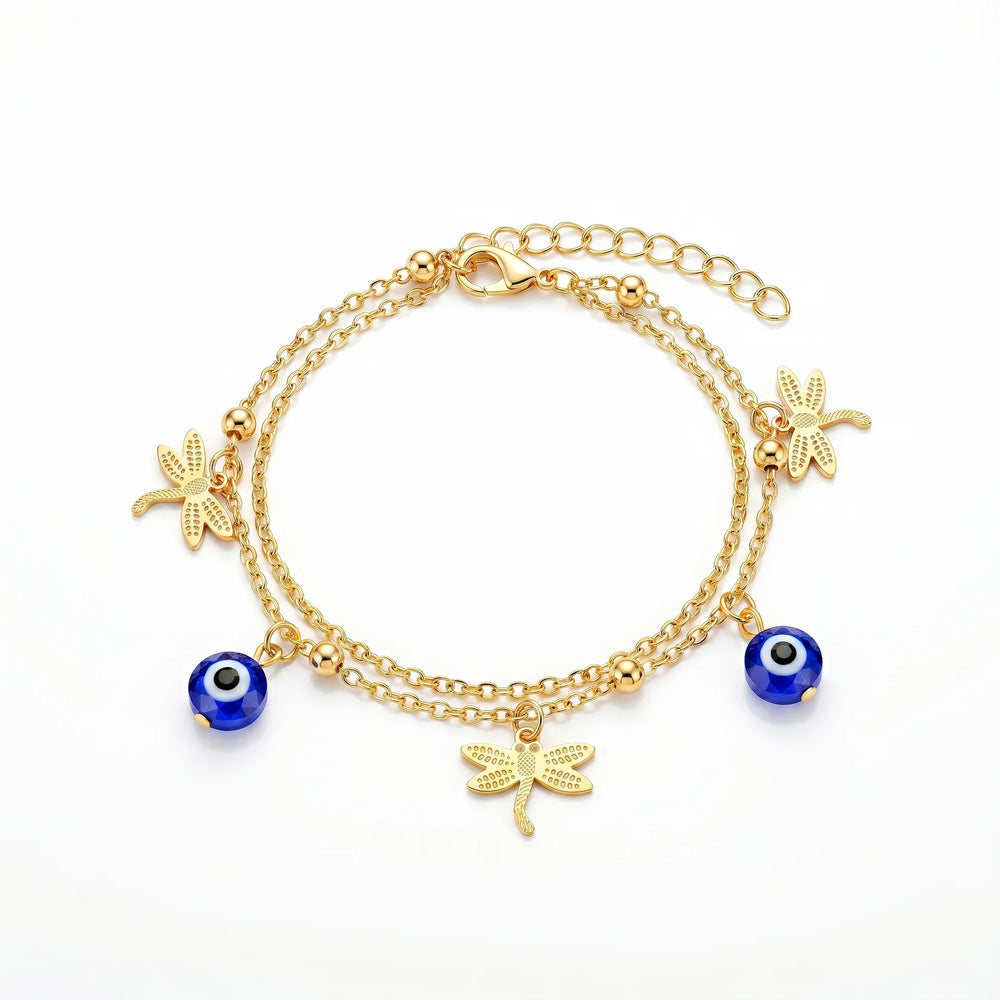 PAJURI Anklet Anti-Tarnish Double-Strand With Dragonfly Charms And Blue Evil Eye Beads