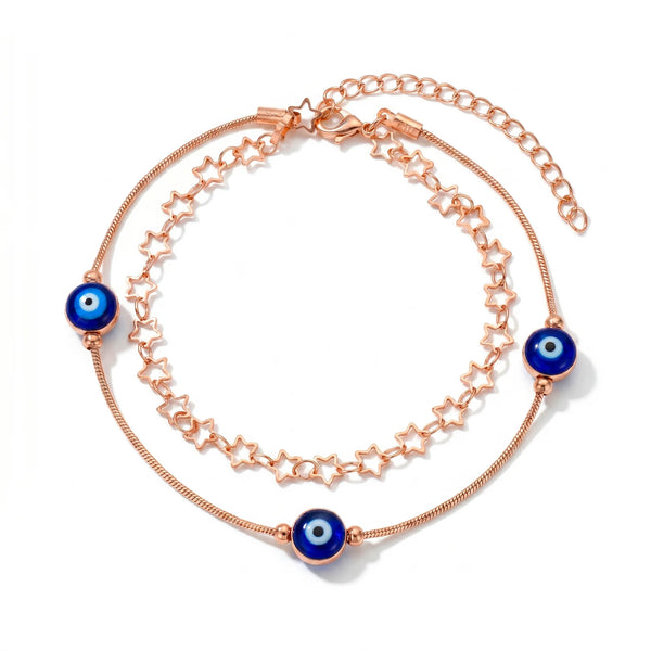 PAJURI Anklet Anti-Tarnish Star Chain With Blue Evil Eye Beads