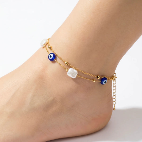 PAJURI Anklet Anti-Tarnish Multi-Strand With Evil Eye Charms, Gold Beads And Iridescent Faux Pearls