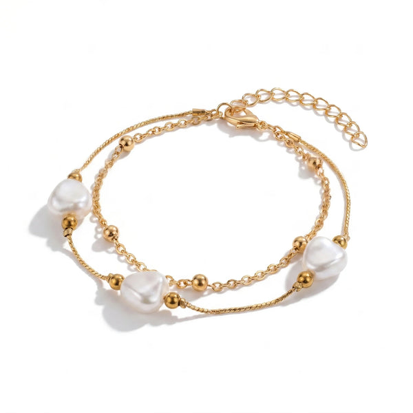 PAJURI Anklet Anti-Tarnish Layered With Faux Pearls And Metallic Beads