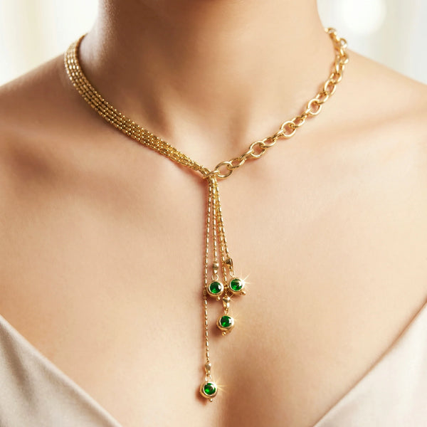 PAJURI Necklace Anti-Tarnish Gold Plated Y-Shape With Emerald Crystal Accents