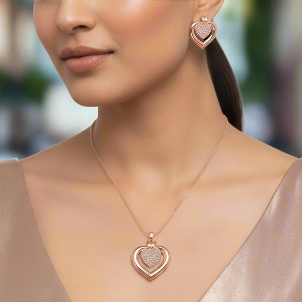 PAJURI Necklace Anti-Tarnish Double Studded Heart Pendant Set With Earrings