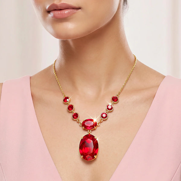 PAJURI Necklace Anti-Tarnish Ruby Red Oval Crystal Pendant