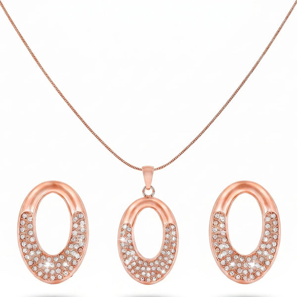 PAJURI Necklace Anti-Tarnish Hollow Studded Oval Pendant Set With Earrings
