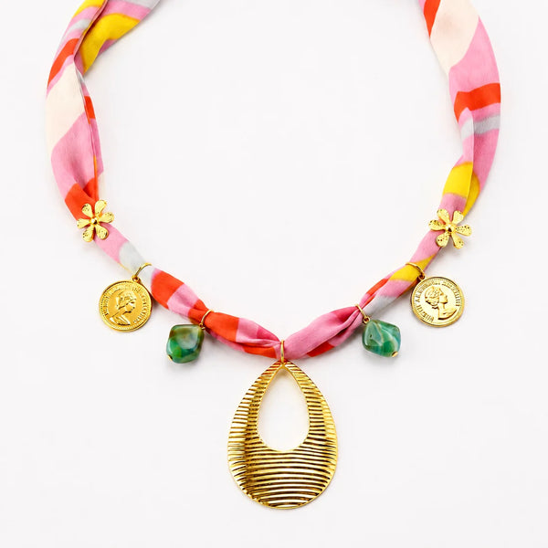 Necklace Anti-Tarnish Printed Fabric With Teardrop Pendant & Green Beads