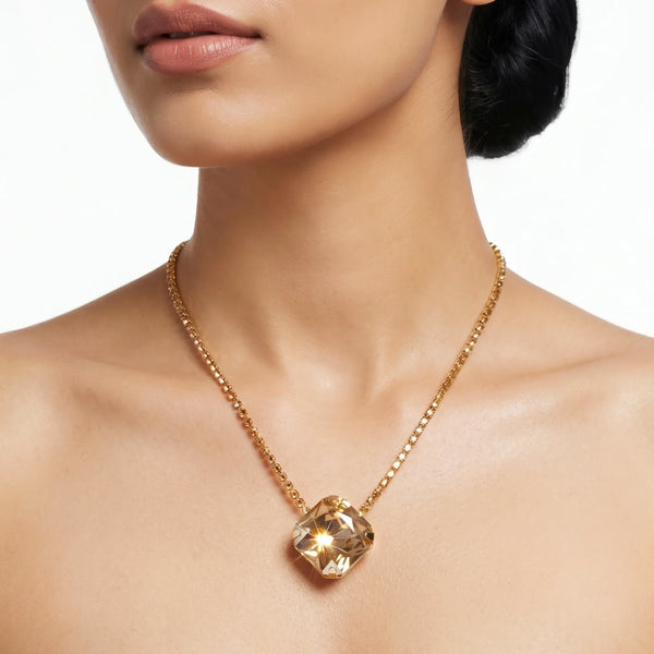 PAJURI Necklace Anti-Tarnish Oversized Cushion Rhinestone Topaz Pendant