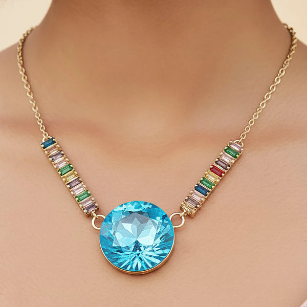 PAJURI Necklace Anti-Tarnish Multi-Color Baguette Chain & Oversized Round Crystal Pendant