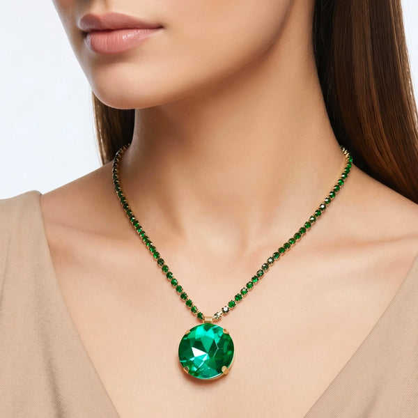 PAJURI Necklace Anti-Tarnish Oversized Round Emerald Crystal Pendant