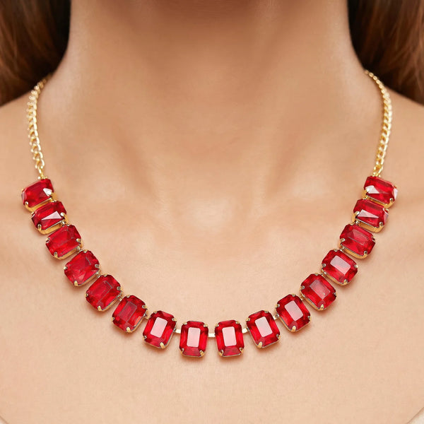 PAJURI Necklace Anti-Tarnish Ruby Red Emerald-Cut Crystal Single-Line