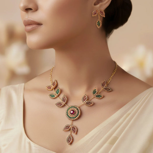 PAJURI Necklace Anti-Tarnish Round Pendant Leafy Pattern Set With Earrings