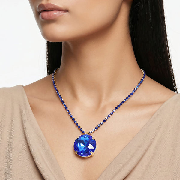 PAJURI  Necklace Anti-Tarnish Oversized Round Royal Blue Crystal Pendant