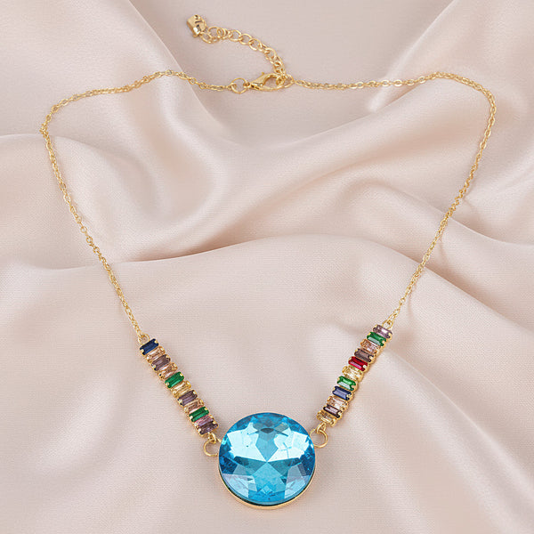 PAJURI Necklace Anti-Tarnish Multi-Color Baguette Chain & Oversized Round Crystal Pendant