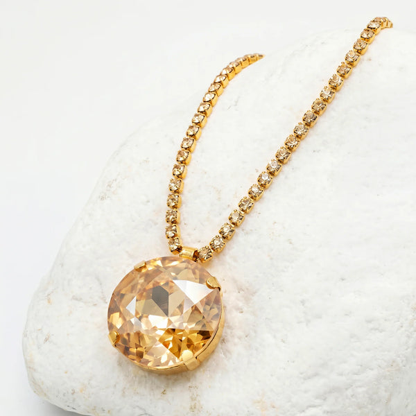 PAJURI Necklace Anti-Tarnish Oversized Round Champagne Crystal Pendant