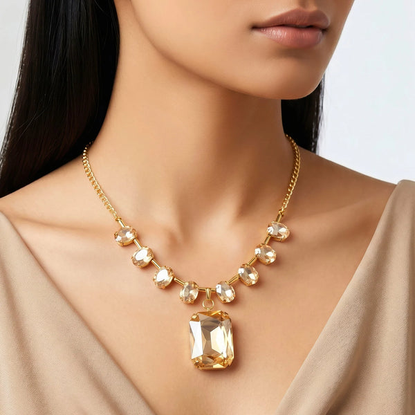 PAJURI Necklace Anti-Tarnish Spacer Oval Crystal With Rectangle Crystal Pendant