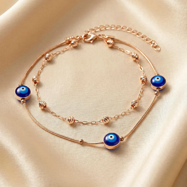 PAJURI Anklet Anti-Tarnish Multi-Strand With Blue Evil Eye Beads And Metallic Accents