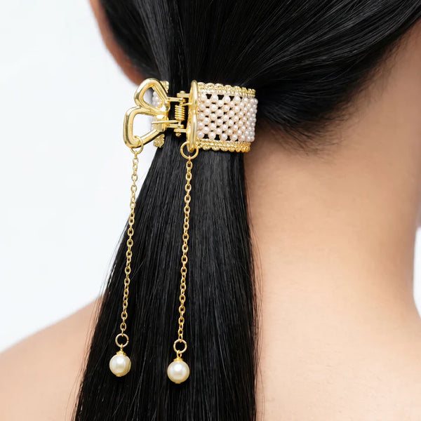 Hair Claw Clip Anti-Tarnish Pearl Encrusted With Tassel Drop