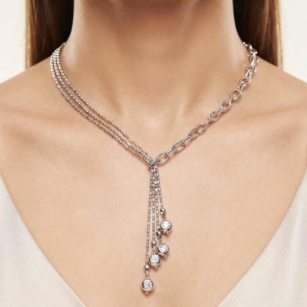 PAJURI Necklace Anti-Tarnish Silver Capsule Chain Y-Shape With Crystal Highlights