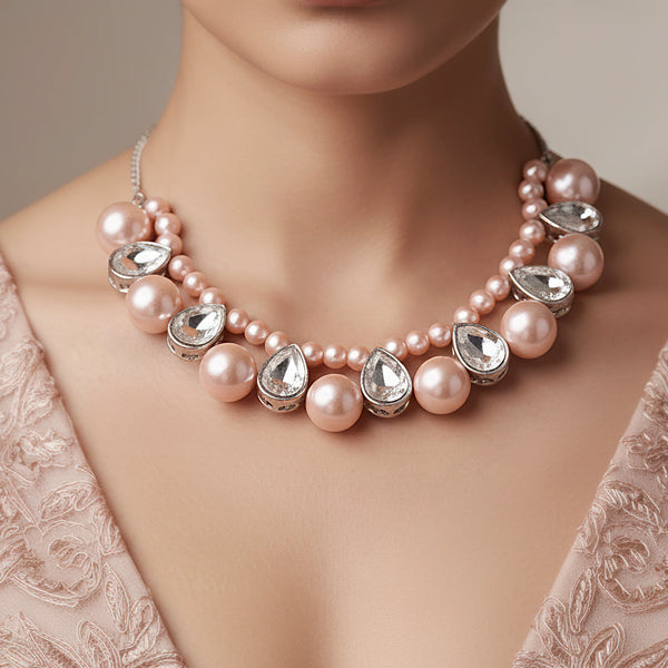 PAJURI Necklace Rose Pink Pearl & Crystal Statement