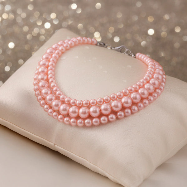 PAJURI Necklace Triple Layer Rose Pink Pearl Choker
