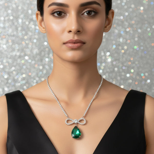 PAJURI Necklace Anti-Tarnish Crystal Studded INFINITY Emerald Green Pendant