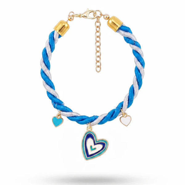 Anti-Tarnish Blue & White Cord Anklet-Cum-Bracelet With Heart Charms (Adjustable Size)